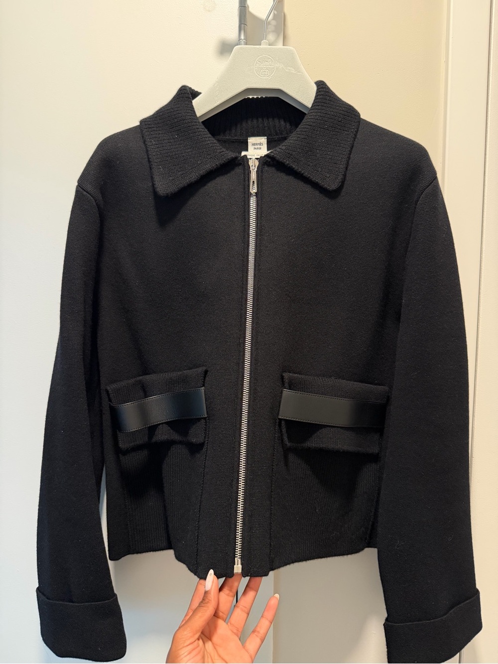 Hermes Black Zip-Front Bomber Jacket with Pocket Tabs